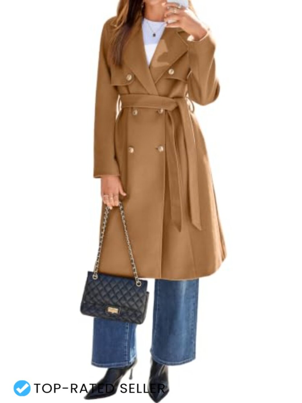 Simplee Women's Double Breasted Belted Long Winter Coat Notched Lapel